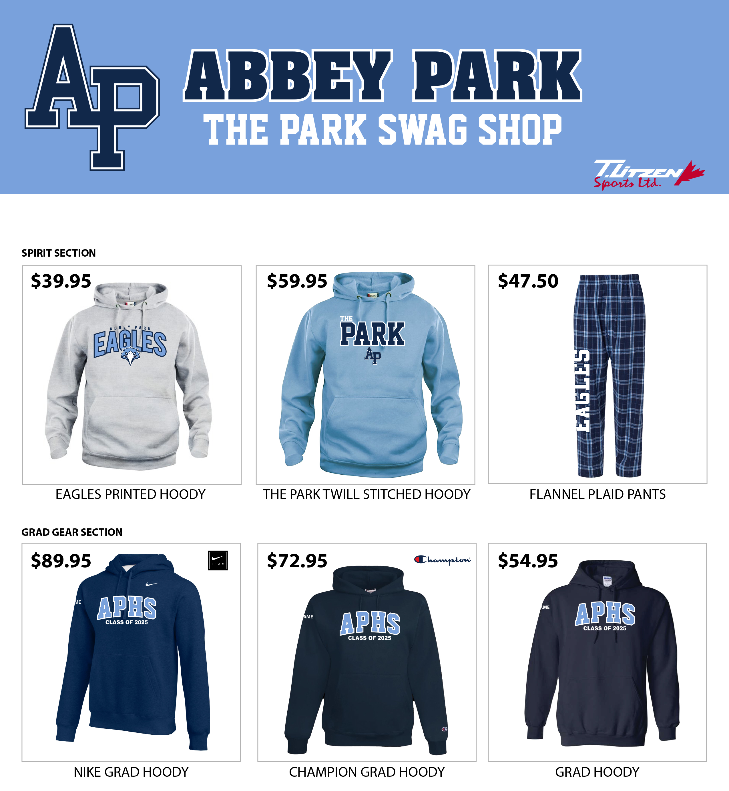 Abbey Park Spirit Wear and Grad Gear shop flyer featuring school-branded clothing items including Eagles printed hoody ($39.95), The Park twill stitched hoody ($59.95), flannel plaid pants with 'EAGLES' lettering ($47.50), and three grad hoodies: Nike ($89.95), Champion ($72.95), and standard grad hoody ($54.95), all labeled with 'APHS Class of 2025'.