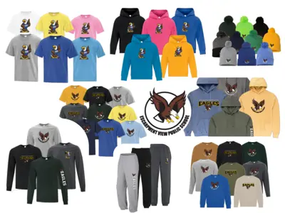 Image showing a variety of Escarpment View spirit wear including toques, hoodies, and t-shirts with the Escarpment View Eagles logo.