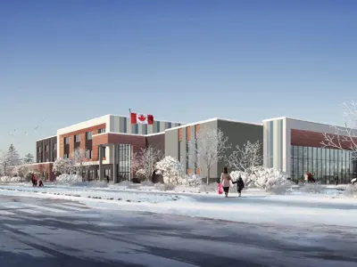 Concept rendering of Cedar Ridge Public School, a modern two-storey school building in winter with snow-covered trees, a Canadian flag and families arriving at the main entrance.