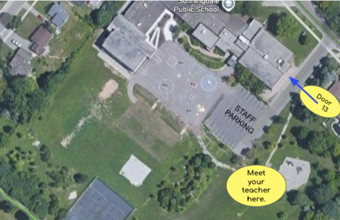 An aerial satellite view of Sunningdale Public School grounds. A yellow bubble in the bottom right corner points to a grassy area labeled "Meet your teacher here." To the right of the school building, a parking lot is labeled "Staff Parking." A blue arrow points toward a side entrance of the building labeled "Door 13." The playground with painted blacktop games is visible in the center.