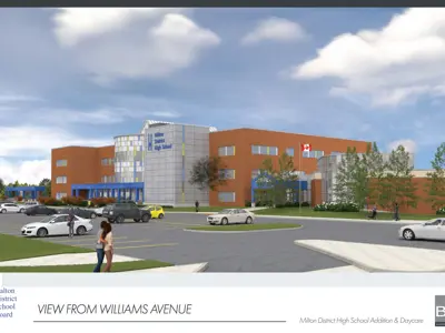 Rendering of the Milton District High School addition viewed from Williams Avenue.